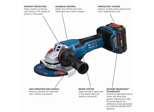 PROFACTOR™ 18V 5 – 6 In. Angle Grinder with Paddle Switch with (1) CORE18V® 8 Ah High Power Battery