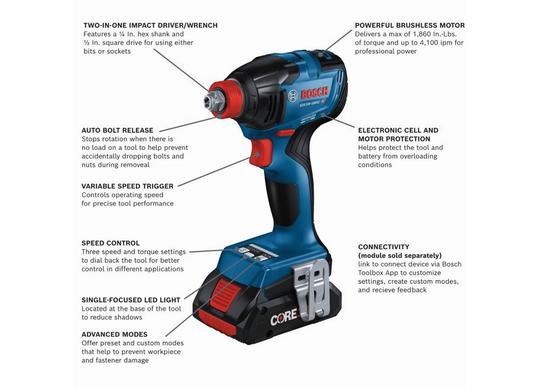 18V Connected-Ready Two-In-One 1/4 In. and 1/2 In. Bit/Socket Impact Driver/Wrench Kit with (2) CORE18V® 4 Ah Advanced Power Batteries and (1) Connectivity Module