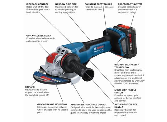 PROFACTOR™ 18V X-LOCK 5 – 6 In. Angle Grinder with Paddle Switch and (1) CORE18V® 8 Ah High Power Battery