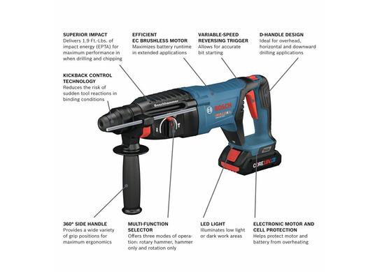 Ensemble marteau perforateur 18V Bulldog™ SDS-plus® EC sans balais de 1 po avec (1) batterie Advanced Power CORE18V® 4 Ah