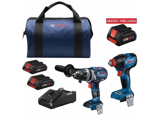 Ensemble de 2 outils 18 V comprenant une visseuse/clé à chocs avec porte-outil 2 en 1 (1/4 po et 1/2 po) pour embouts de vissage et douilles, une perceuse-visseuse à percussion de 1/2 po et 2 batteries CORE18V® 4.0 Ah