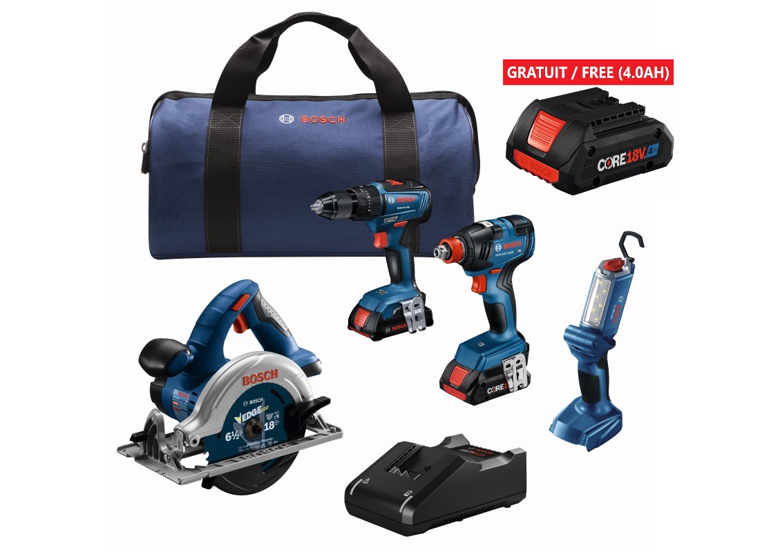 18V 4-Tool Combo Kit with Two-In-One 1/4 In. and 1/2 In. Bit/Socket Impact Driver/Wrench, 1/2 In. Hammer Drill/Driver, 6-1/2 In. Circular Saw and LED Worklight with (1) CORE18V® 4 Ah Advanced Power Battery and (1) 2 Ah Standard Power Battery