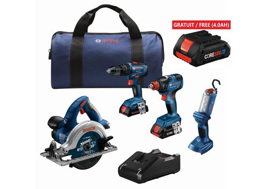 18V 4-Tool Combo Kit with Two-In-One 1/4 In. and 1/2 In. Bit/Socket Impact Driver/Wrench, 1/2 In. Hammer Drill/Driver, 6-1/2 In. Circular Saw and LED Worklight with (1) CORE18V® 4 Ah Advanced Power Battery and (1) 2 Ah Standard Power Battery