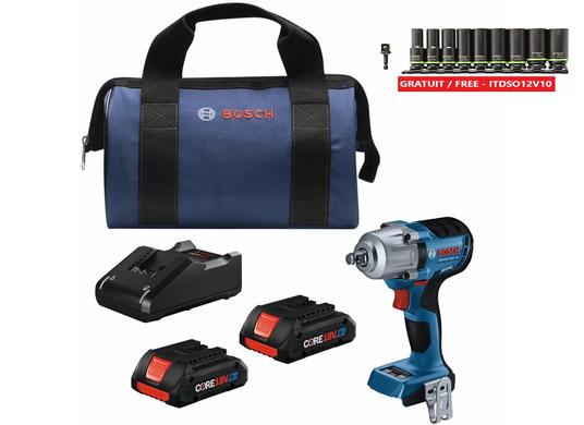 Ensemble clé à chocs 18V sans balais de 1/2 po à couple moyen avec bague de friction et trou traversant et (2) batteries Advanced Power CORE18V® 4 Ah