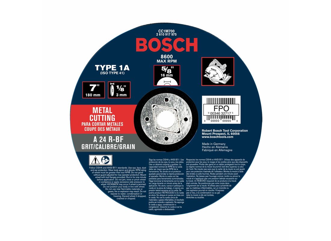 7 In. x 1/8 In. 7/8 In. Arbor Type 1A (ISO 41) 24 Grit Metal Cutting Grinding Wheel Bosch CC1M700
