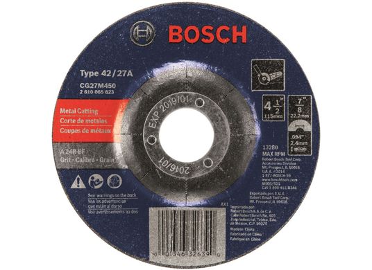 Meule abrasive de 4-1/2 x 3/32 po avec abrasif de type 27, grain 24, et arbre de 7/8 po pour la coupe de métal et le meulage léger