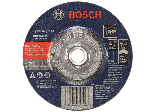 Meule abrasive de 4-1/2 x 3/32 po avec abrasif de type 27, grain 24, et arbre de 5/8 po à 11 filets pour la coupe de métal et le meulage léger