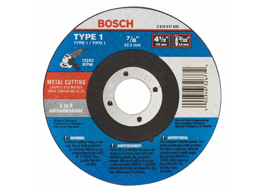 Meule abrasive de 4-1/2 x 3/32 po pour la coupe de métal avec abrasif de type 1A (ISO 41), grain 24, et arbre de 7/8 po