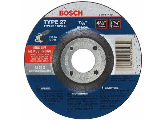 Meule abrasive de 4-1/2 po x 1/4 po avec abrasif type 27, grain 30, alésage de 7/8 po