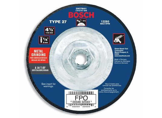Meule abrasive de 4-1/2 po x 1/4 po avec abrasif type 27, grain 30, alésage de 5/8-11 po