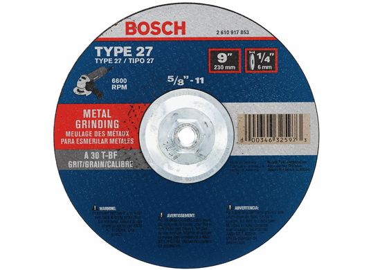 Meule abrasive de 9 po x 1/4 po avec abrasif type 27, grain 30, alésage de 5/8-11 po