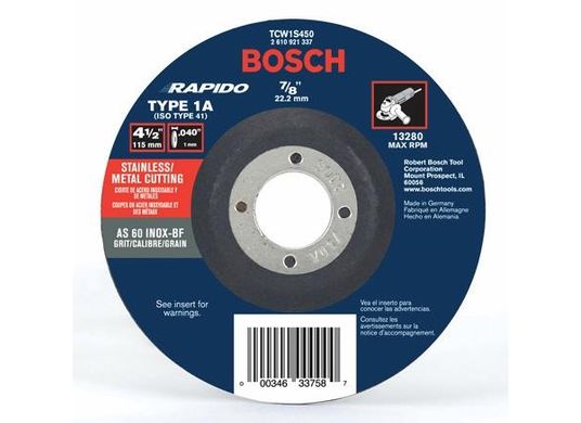 4-1/2 In. .040 In. 7/8 In. Arbor Type 1A (ISO 41) 60 Grit Rapido™ Fast Metal/Stainless Cutting Abrasive Wheel