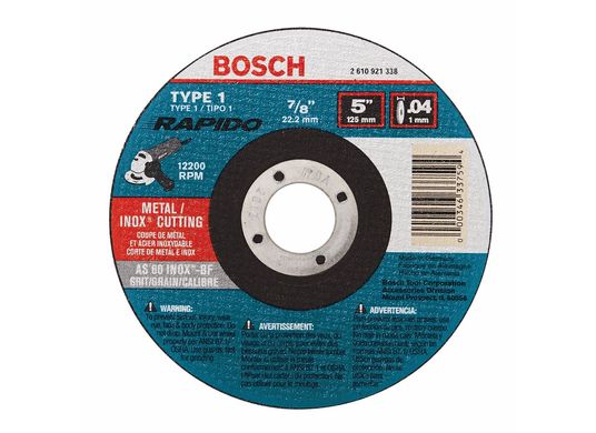 Meule abrasive Rapido™ de 5 po x 0,040 po avec abrasif type 1A (ISO 41), grain 60, alésage de 7/8 po, pour coupe rapide de métal et matériaux inoxydables