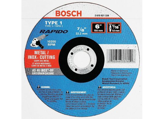 6 In. 1/16 In. 7/8 In. Arbor Type 1A (ISO 41) 46 Grit Rapido™ Fast Metal/Stainless Cutting Abrasive Wheel