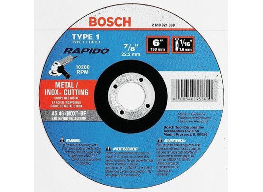 Meule abrasive Rapido™ de 6 po x 1/16 po avec abrasif type 1A (ISO 41), grain 46, alésage de 7/8 po, pour coupe rapide de métal et matériaux inoxydables