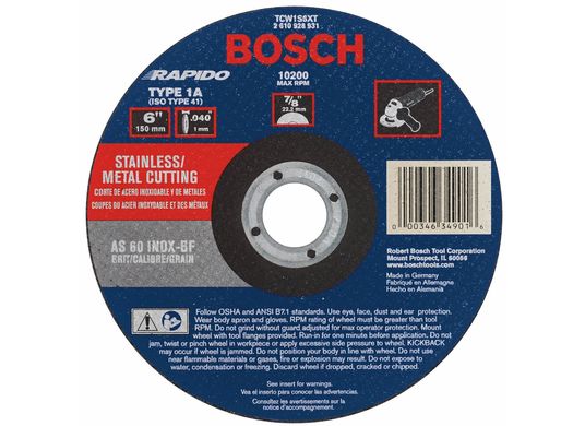 Meule abrasive Rapido™ de 6 po x 0,040 po avec abrasif type 1A (ISO 41), grain 60, alésage de 7/8 po, pour coupe rapide de métal et matériaux inoxydables