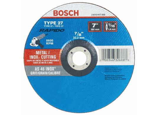 Meule abrasive Rapido™ de 7 po x 1/16 po avec abrasif type 27A (ISO 42), grain 46, alésage de 7/8 po, pour coupe rapide de métal et matériaux inoxydables