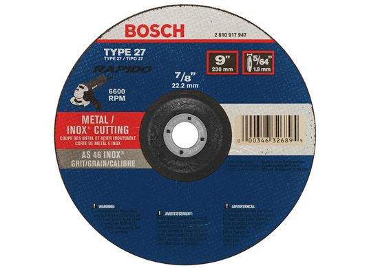 Meule abrasive Rapido™ de 9 po x 5/64 po avec abrasif type 27A (ISO 42), grain 46, alésage de 7/8 po, pour coupe rapide de métal et matériaux inoxydables