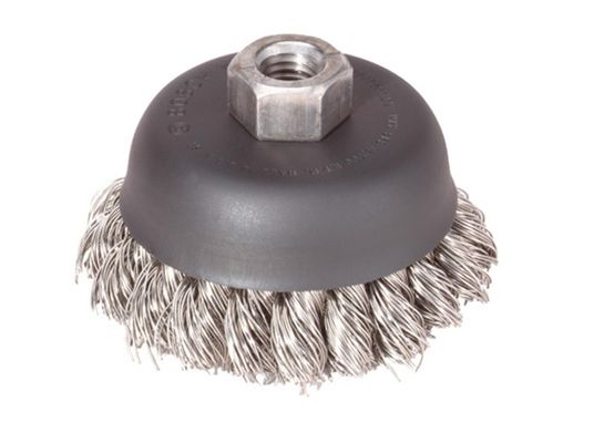 Brosse coupe à rangée simple de fils noués en acier inoxydable avec arbre de 5/8 po à 11 po et disque de 3 po de diamètre